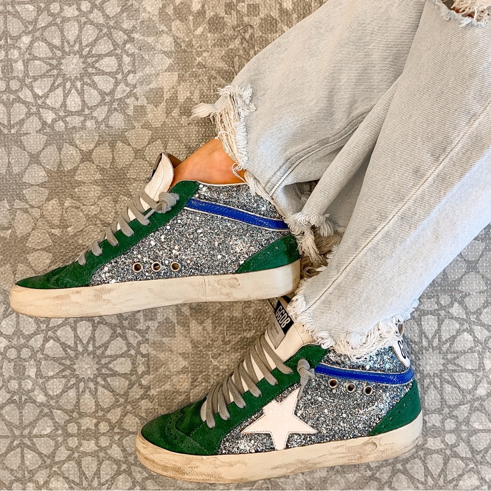 Golden Goose Green White Glitter Low-Top Sneakers - Picture 3 of 15
